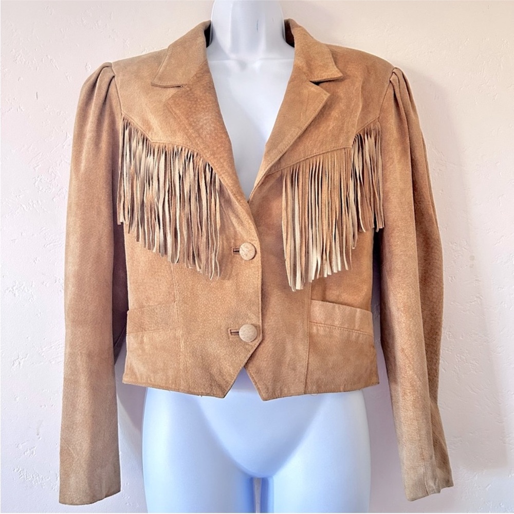 COTTONWOOD CREEK VTG Womens Western Tan Suede Fringe Crop Jacket Size Small